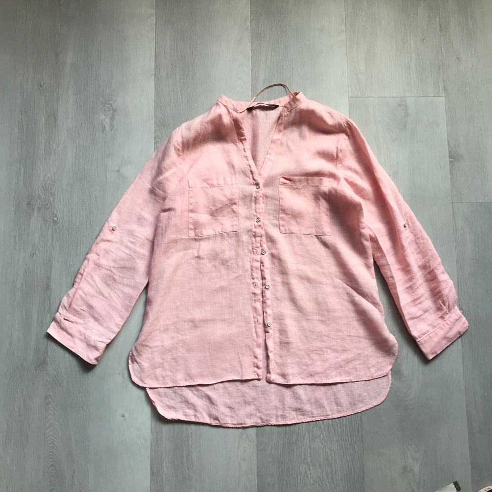 ZARA LINEN BUTTON SHIRT LONG ROLL TAB SLEEVES WOMENS LARGE